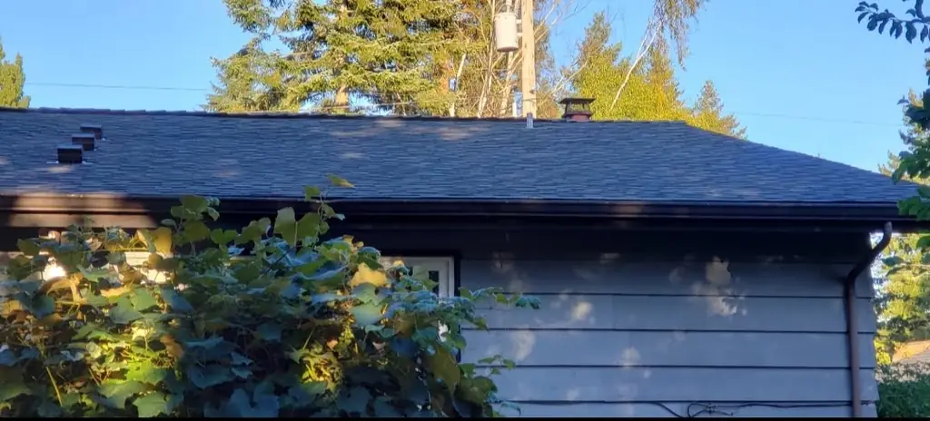 Finished dark shingle roof along the side of a house